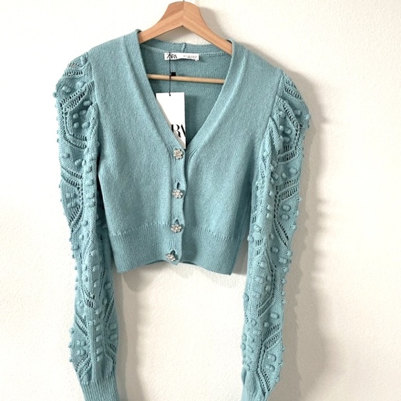 ZARA KNIT CARDIGAN SWEATER WITH JEWELED BUTTONS AND POMPOMS - Picture 7 of 10